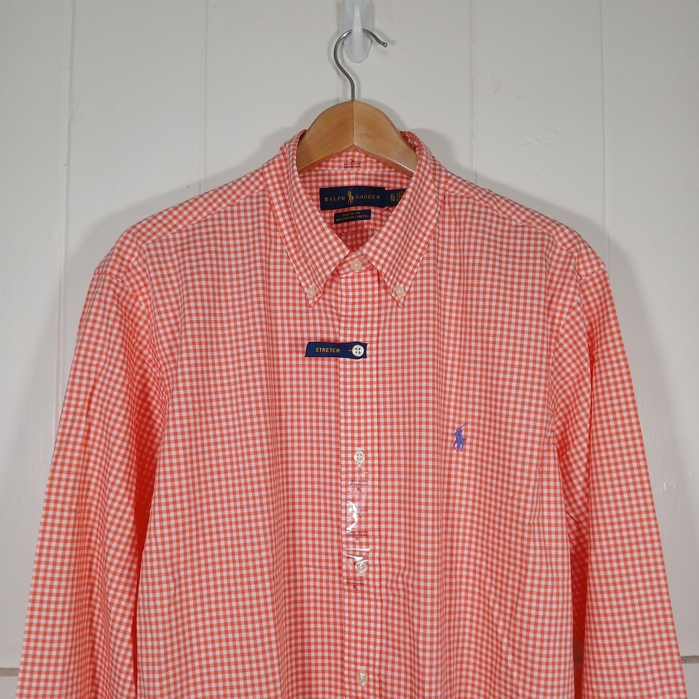 Ralph Lauren Cotton Stretch Button Down Mens XL Salmon Gingham Classic Fit Shirt